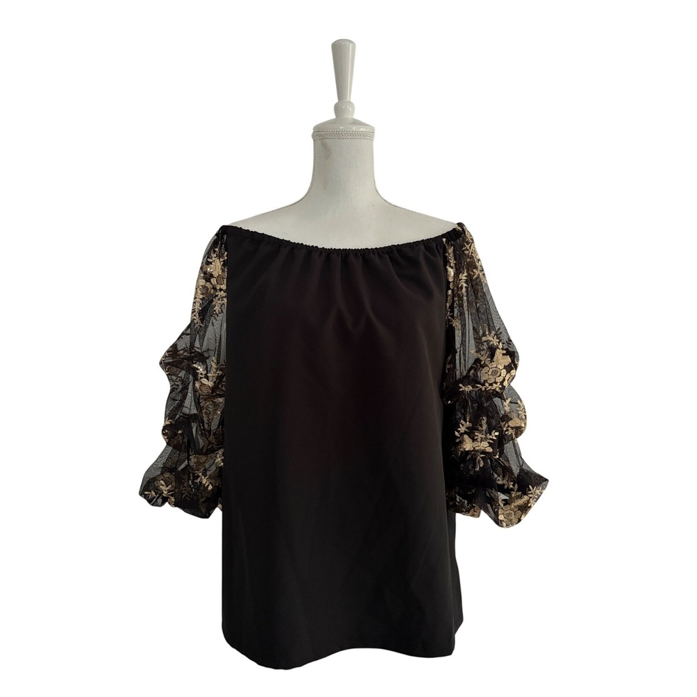 MSK Black Off The Shoulder Blouse L Gold Sequin Floral Mesh Tiered Sleeve Large